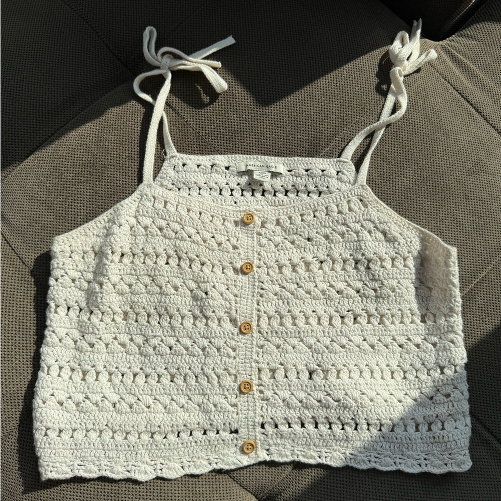 American Eagle White Crochet Button Crop Top